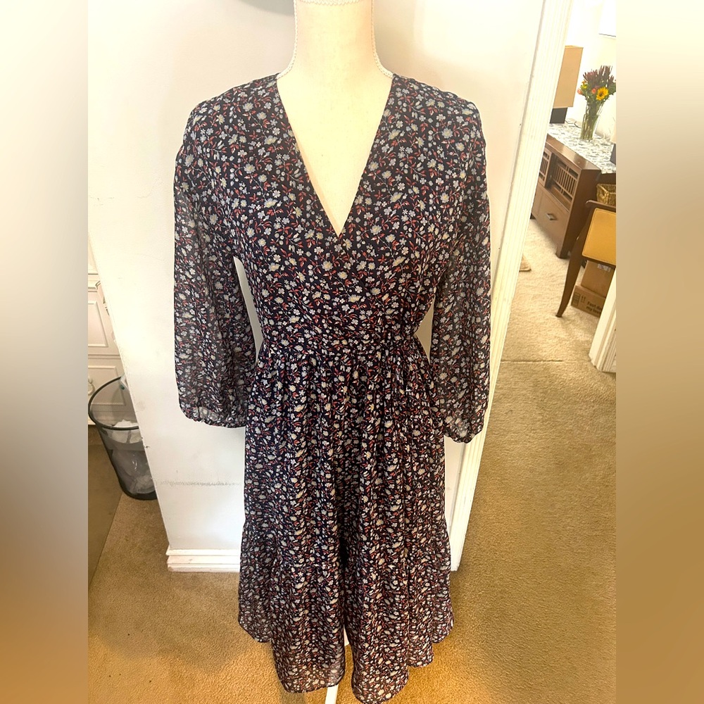 Madewell Navy Floral V-Neck Midi Dress